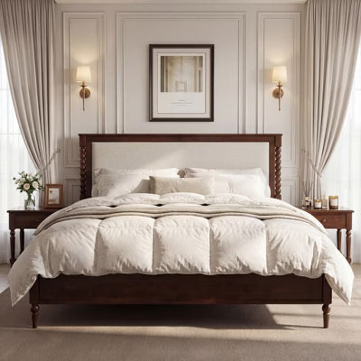 Christopher Knight Home Traditional Farmhouse Wood Platform Bed Frame with Upholstered Headboard and Spindle Accent, Brown, King Size