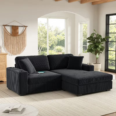 GDFStudio Ceto Modern Corduroy Oversized 86.5" 3-Seater L-Shaped Sectional Sofa with Charging Ports and Pillows, Black