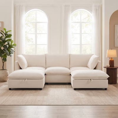 GDFStudio Carson Modern Chenille 98" U-Shaped Modular Sectional Sofa with Storage Ottoman and Charging Port, Beige