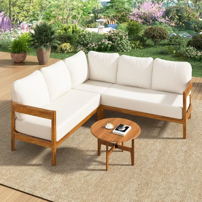 GDFStudio Roberts Outdoor Acacia Wood L-Shape Patio Sectional Set with Cushions, White