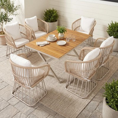 Christopher Knight Home Hudson Modern Coastal 7-Piece Outdoor Dining Set with Acacia Wood Table, Wicker Armchairs and Cushions, Teak/Beige