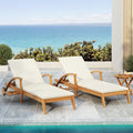 Christopher Knight Home Fred 3 Piece Outdoor Acacia Wood Adjustable Chaise Lounge and Accent Table, Teak/Cream