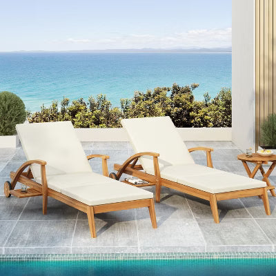 Christopher Knight Home Fred 3 Piece Outdoor Acacia Wood Adjustable Chaise Lounge and Accent Table, Teak/Cream