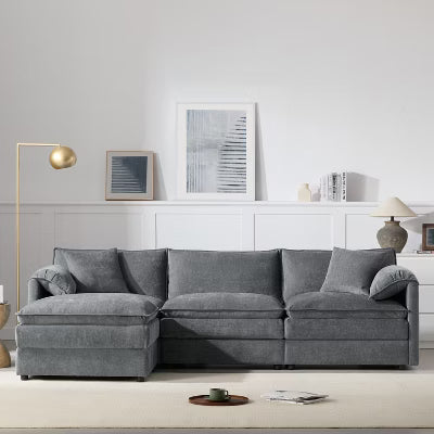 GDFStudio Charon 103'' Modern L Shaped Chenille Upholstered 4-Seater Sectional Sofa with 1 Ottoman and 2 Cushions, Dark Gray