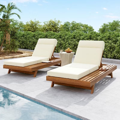 Christopher Knight Home Darla Outdoor Acacia Wood Adjustable Chaise Lounge with Water-Resistant Cushions (Set of 2), Teak/Beige