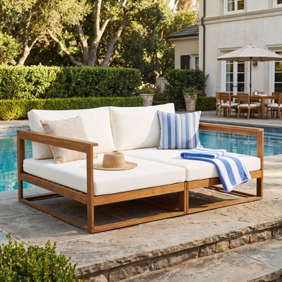 Christopher Knight Home Belle Patio Rustic Acacia Wood Double Daybed with Water-Resistant Cushions, Teak/Beige, Single