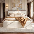 Christopher Knight Home Harrison Mid-Century Modern Wood Platform Bed Frame with Upholstered Headboard, Walnut/White, Queen