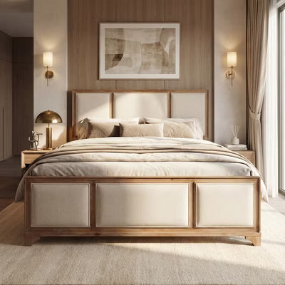 Christopher Knight Home Madison Modern Farmhouse Wood Platform Bed Frame with Upholstered Headboard, Beige/Natural, Queen