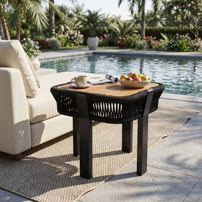 Christopher Knight Home Caleb Patio Modern Boho Acacia Wood Square Side Table with Rope & Metal Frame, Black/Teak