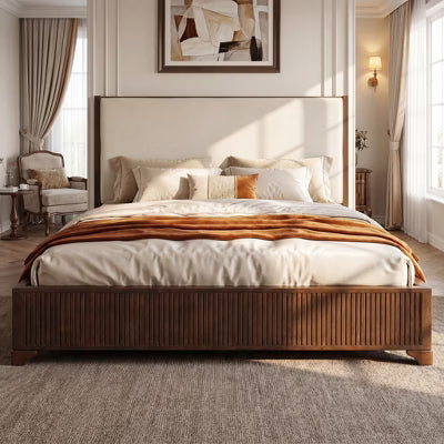 Christopher Knight Home Harper Modern Boho Wood Platform Bed Frame with Upholstered Headboard and Fluted Base, White/Dark Walnut, Queen