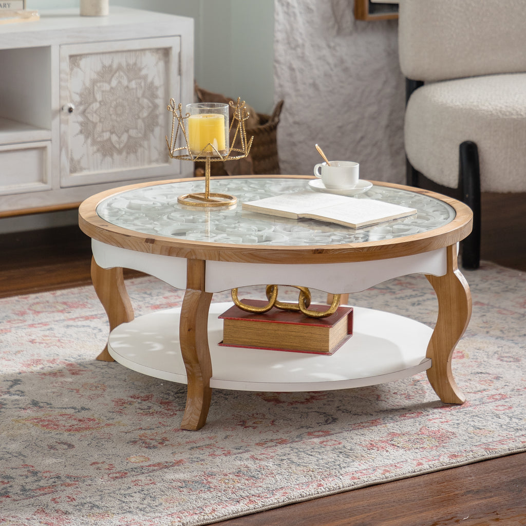 GDFStudio Juno Modern Wooden Round Coffee Table with Glass Top and Curved Legs, Natural Wood