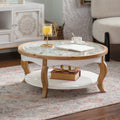 GDFStudio Juno Modern Wooden Round Coffee Table with Glass Top and Curved Legs, Natural Wood