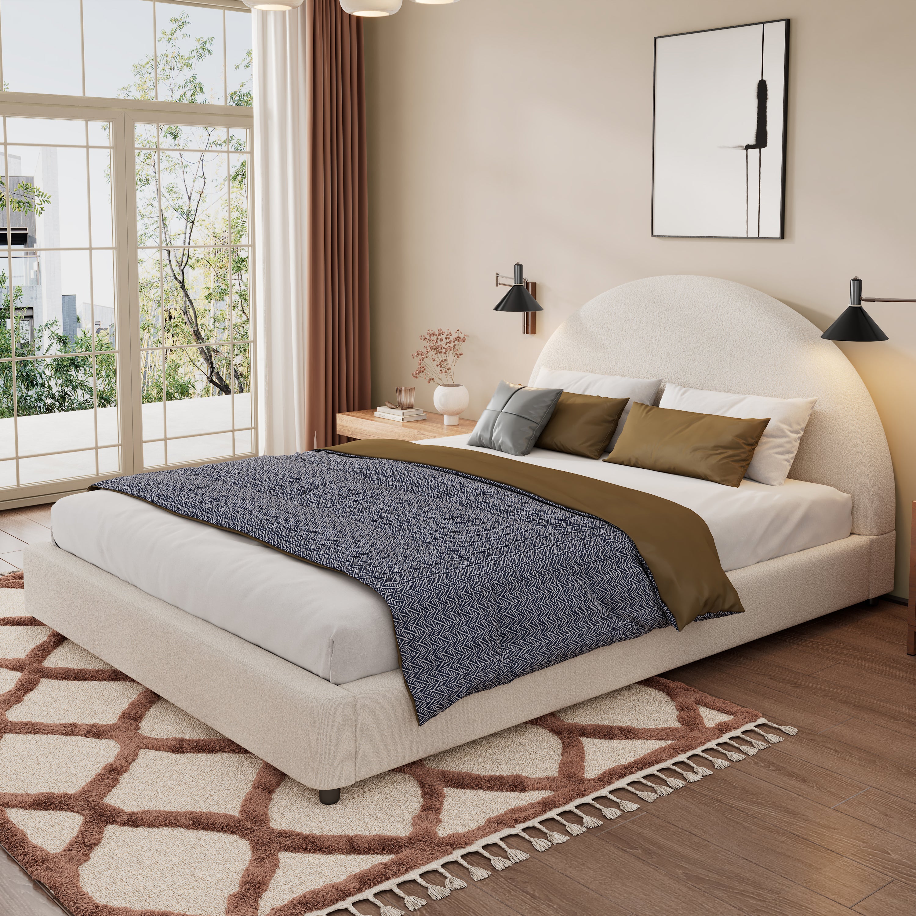 Christopher Knight Home Modern Boucle Upholstered Platform Bed with Thick Half-Round Headboard