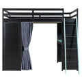 Full Size Loft Bed with Desk, USB Port, Wardrobe & Shelves, Gaming & Workstation Loft Bed with Curtains