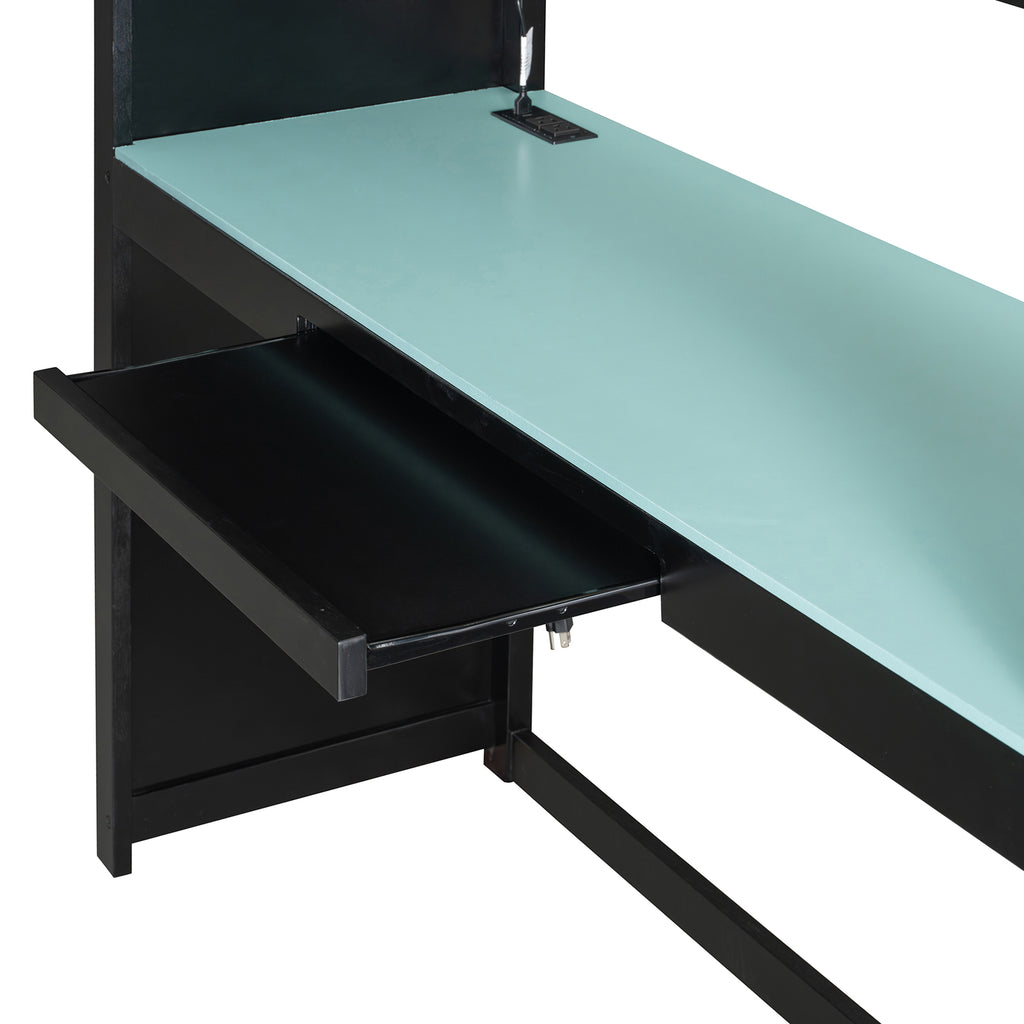 Full Size Loft Bed with Desk, USB Port, Wardrobe & Shelves, Gaming & Workstation Loft Bed with Curtains