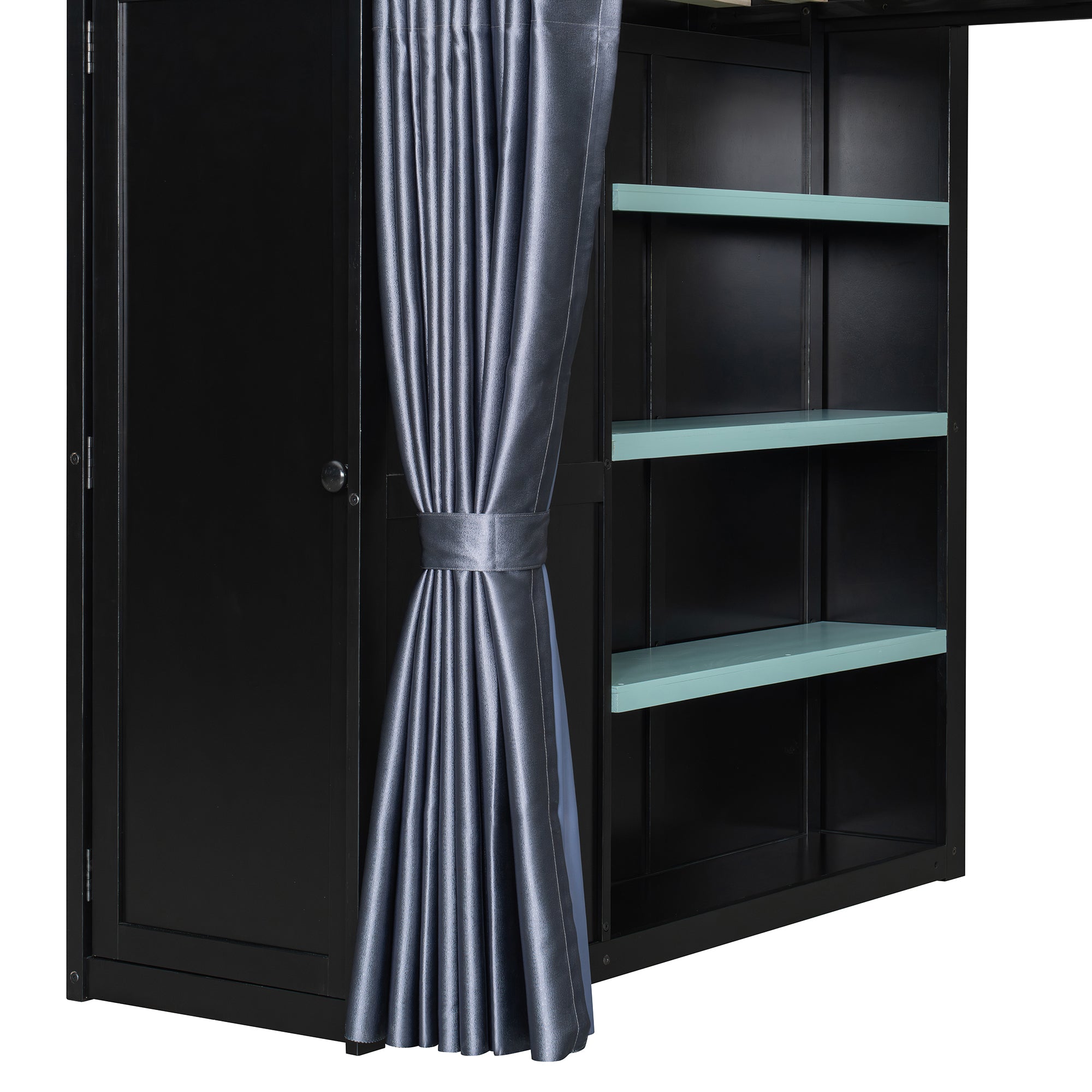 Full Size Loft Bed with Desk, USB Port, Wardrobe & Shelves, Gaming & Workstation Loft Bed with Curtains