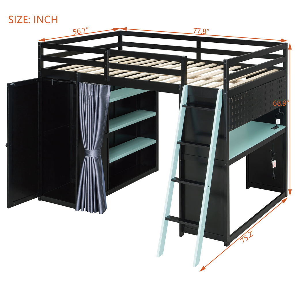 Full Size Loft Bed with Desk, USB Port, Wardrobe & Shelves, Gaming & Workstation Loft Bed with Curtains