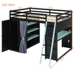 Full Size Loft Bed with Desk, USB Port, Wardrobe & Shelves, Gaming & Workstation Loft Bed with Curtains