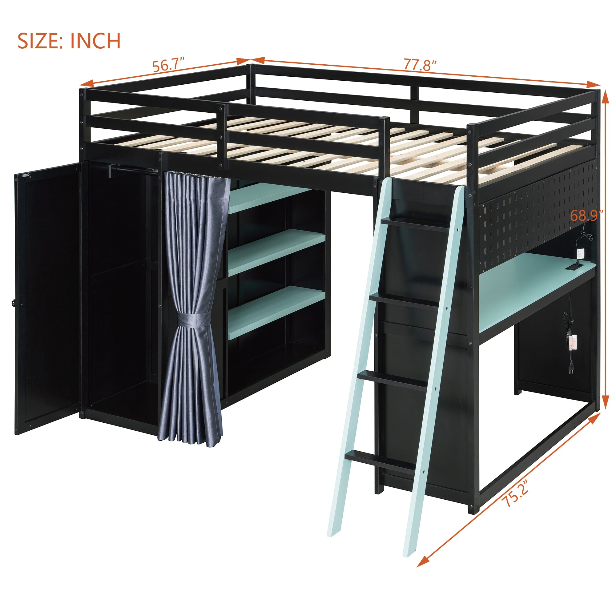 Full Size Loft Bed with Desk, USB Port, Wardrobe & Shelves, Gaming & Workstation Loft Bed with Curtains