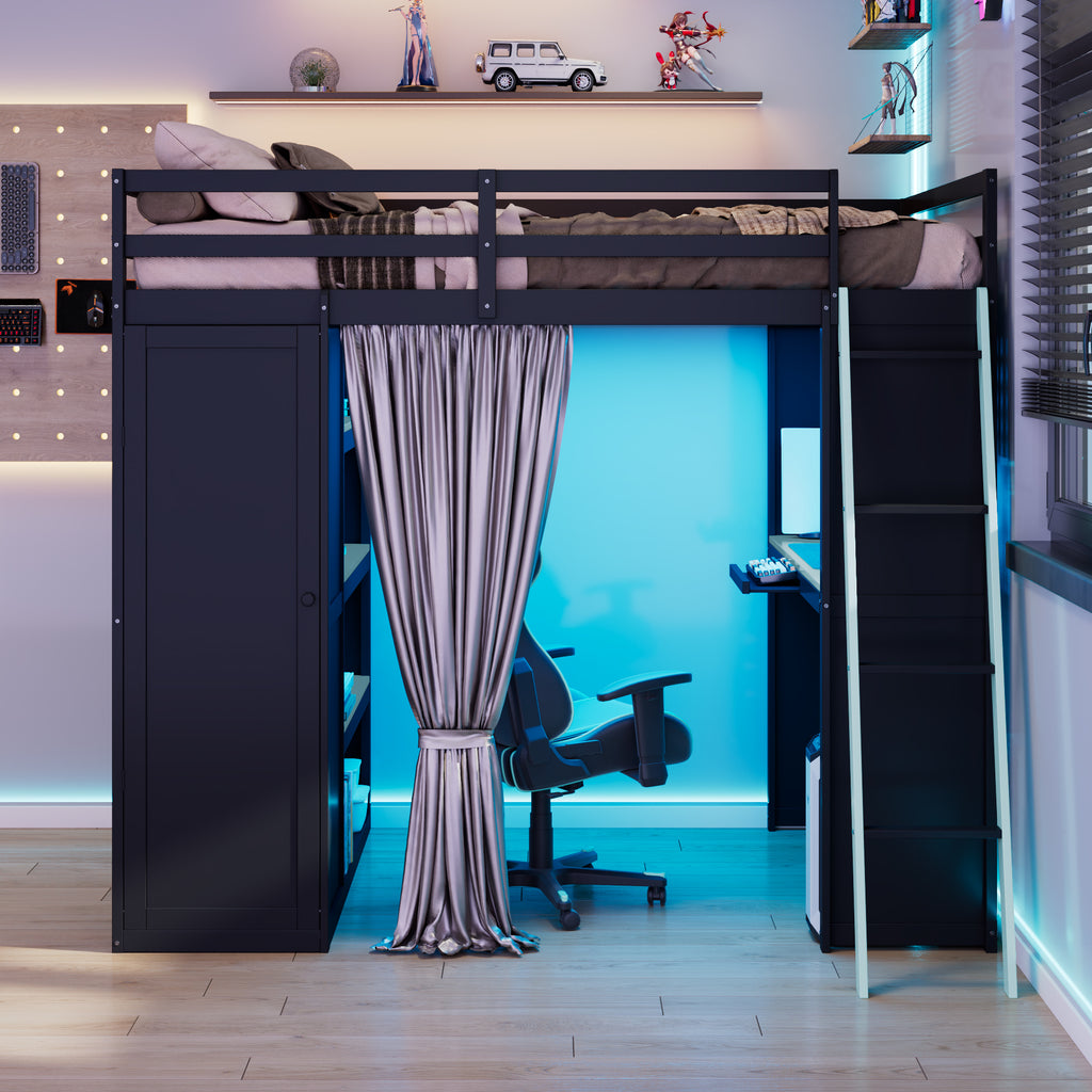 Full Size Loft Bed with Desk, USB Port, Wardrobe & Shelves, Gaming & Workstation Loft Bed with Curtains
