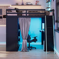 Full Size Loft Bed with Desk, USB Port, Wardrobe & Shelves, Gaming & Workstation Loft Bed with Curtains
