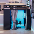 Full Size Loft Bed with Desk, USB Port, Wardrobe & Shelves, Gaming & Workstation Loft Bed with Curtains