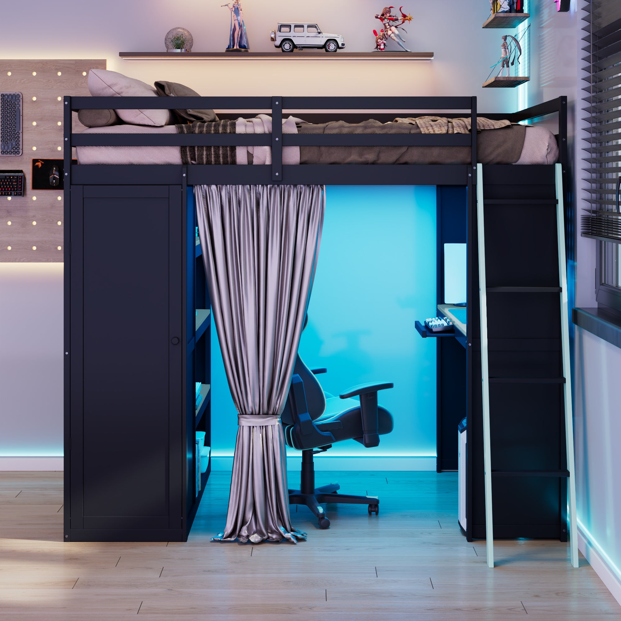 Full Size Loft Bed with Desk, USB Port, Wardrobe & Shelves, Gaming & Workstation Loft Bed with Curtains