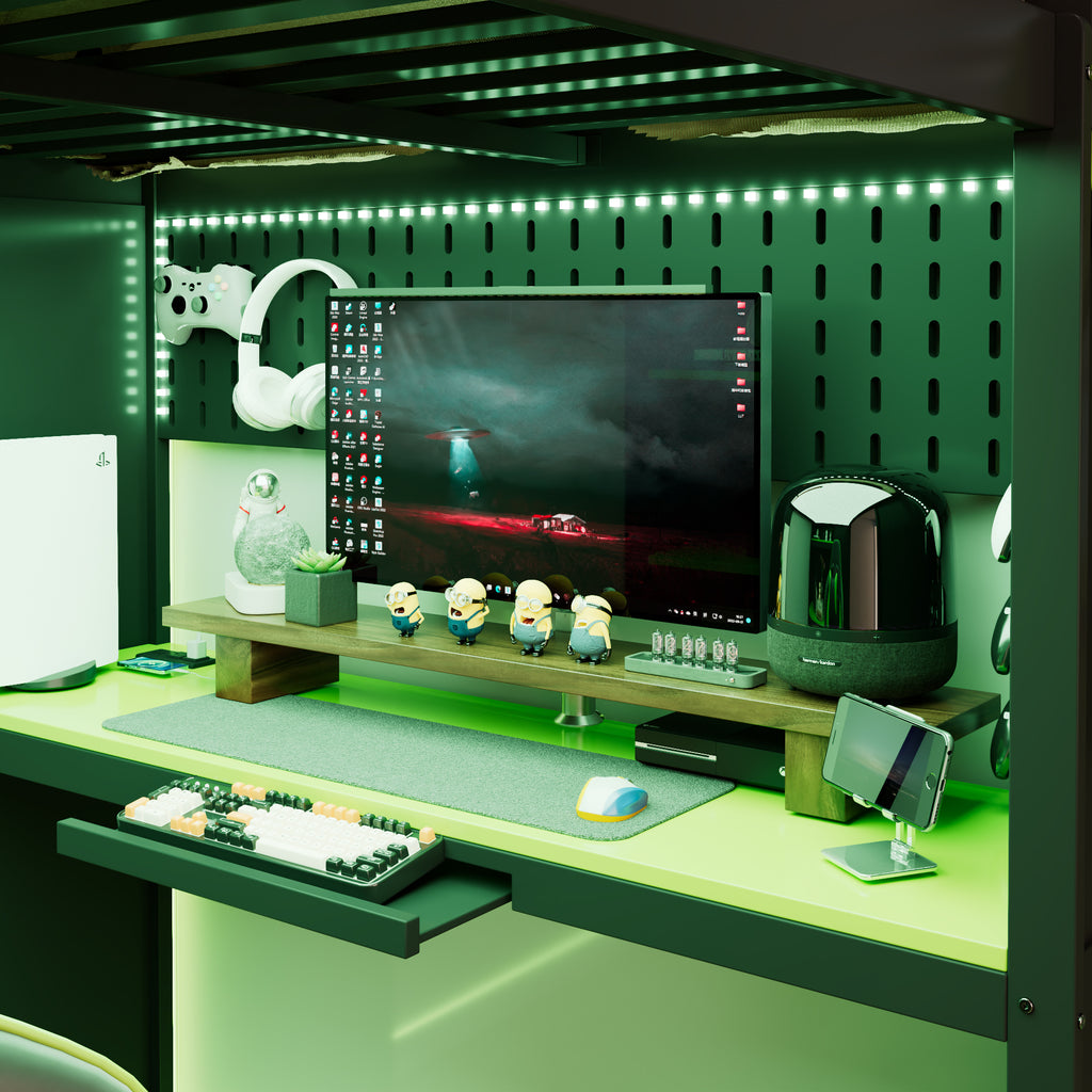 Full Size Loft Bed with Desk, USB Port, Wardrobe & Shelves, Gaming & Workstation Loft Bed with Curtains