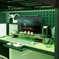 Full Size Loft Bed with Desk, USB Port, Wardrobe & Shelves, Gaming & Workstation Loft Bed with Curtains