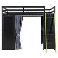 Full Size Loft Bed with Desk, USB Port, Wardrobe & Shelves, Gaming & Workstation Loft Bed with Curtains