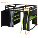 Full Size Loft Bed with Desk, USB Port, Wardrobe & Shelves, Gaming & Workstation Loft Bed with Curtains