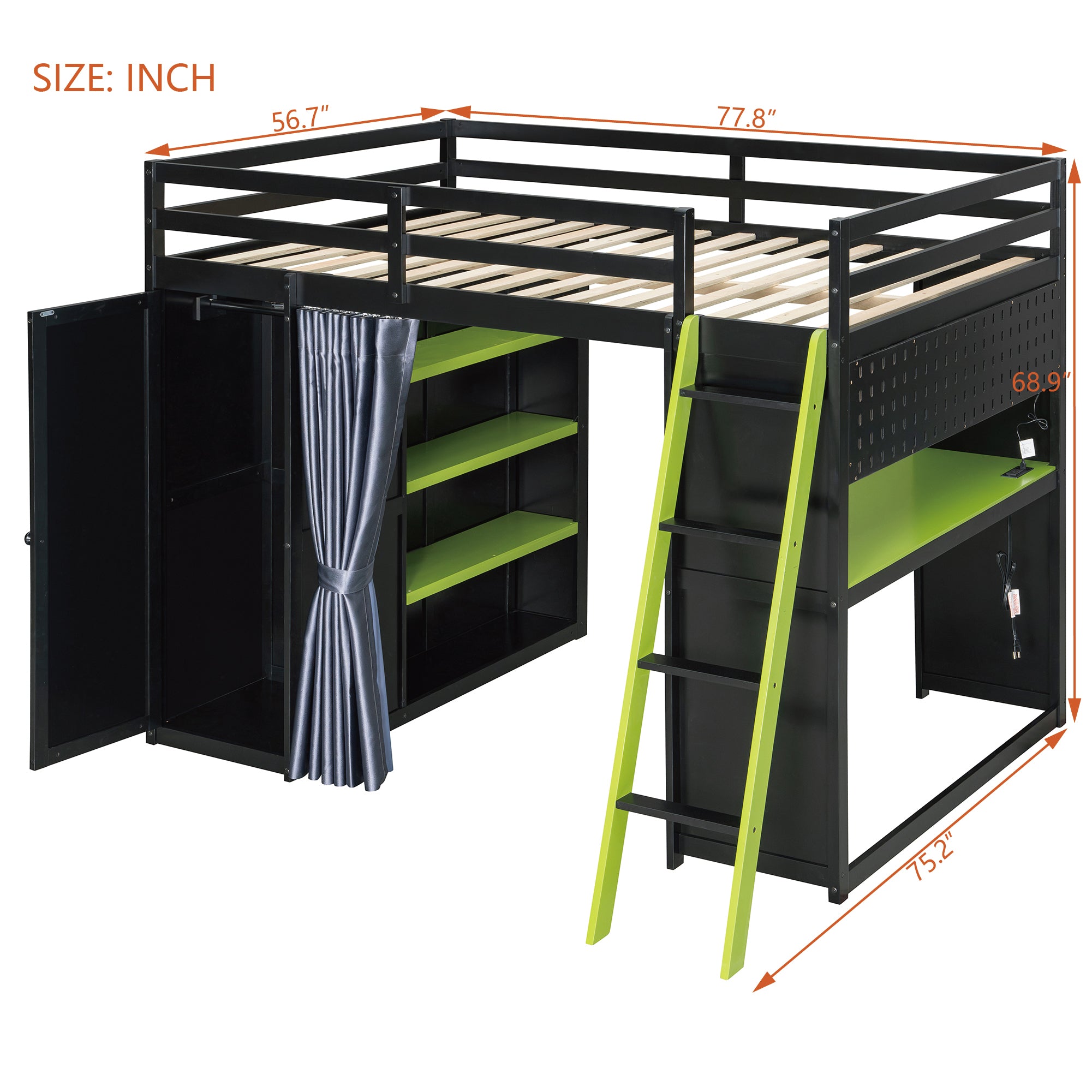 Full Size Loft Bed with Desk, USB Port, Wardrobe & Shelves, Gaming & Workstation Loft Bed with Curtains