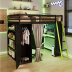 Full Size Loft Bed with Desk, USB Port, Wardrobe & Shelves, Gaming & Workstation Loft Bed with Curtains