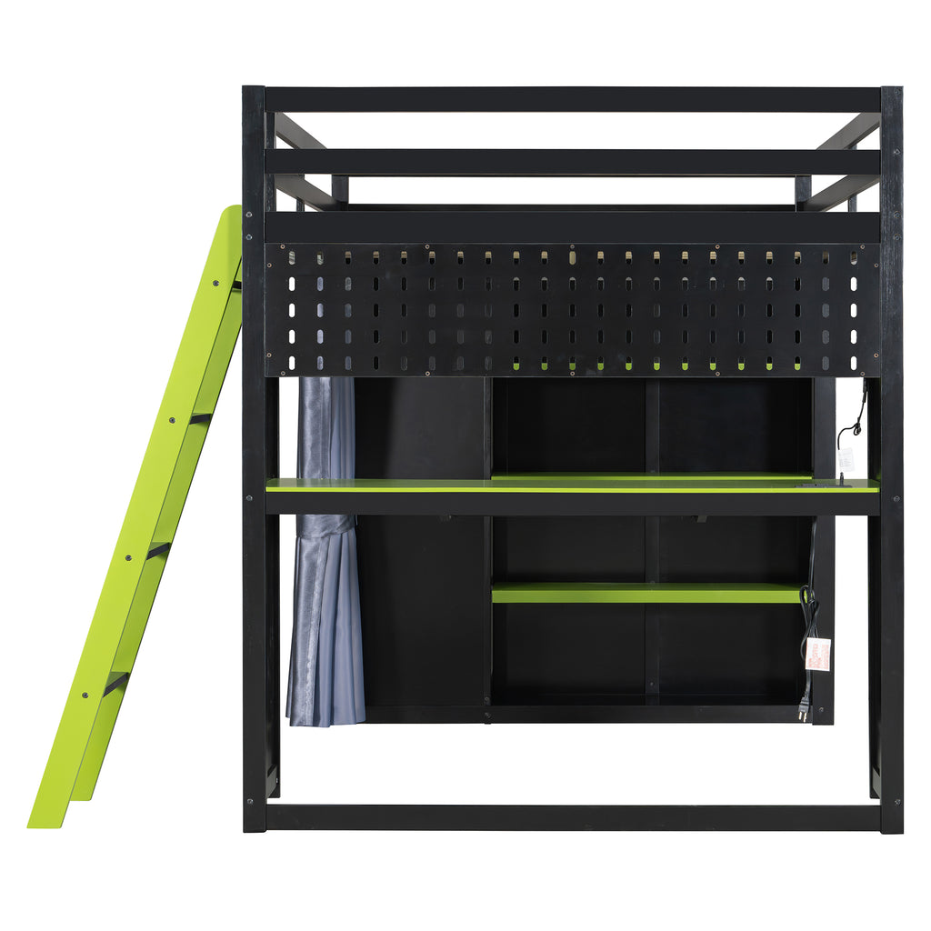 Full Size Loft Bed with Desk, USB Port, Wardrobe & Shelves, Gaming & Workstation Loft Bed with Curtains