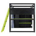 Full Size Loft Bed with Desk, USB Port, Wardrobe & Shelves, Gaming & Workstation Loft Bed with Curtains