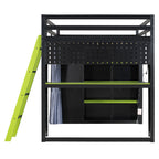 Full Size Loft Bed with Desk, USB Port, Wardrobe & Shelves, Gaming & Workstation Loft Bed with Curtains