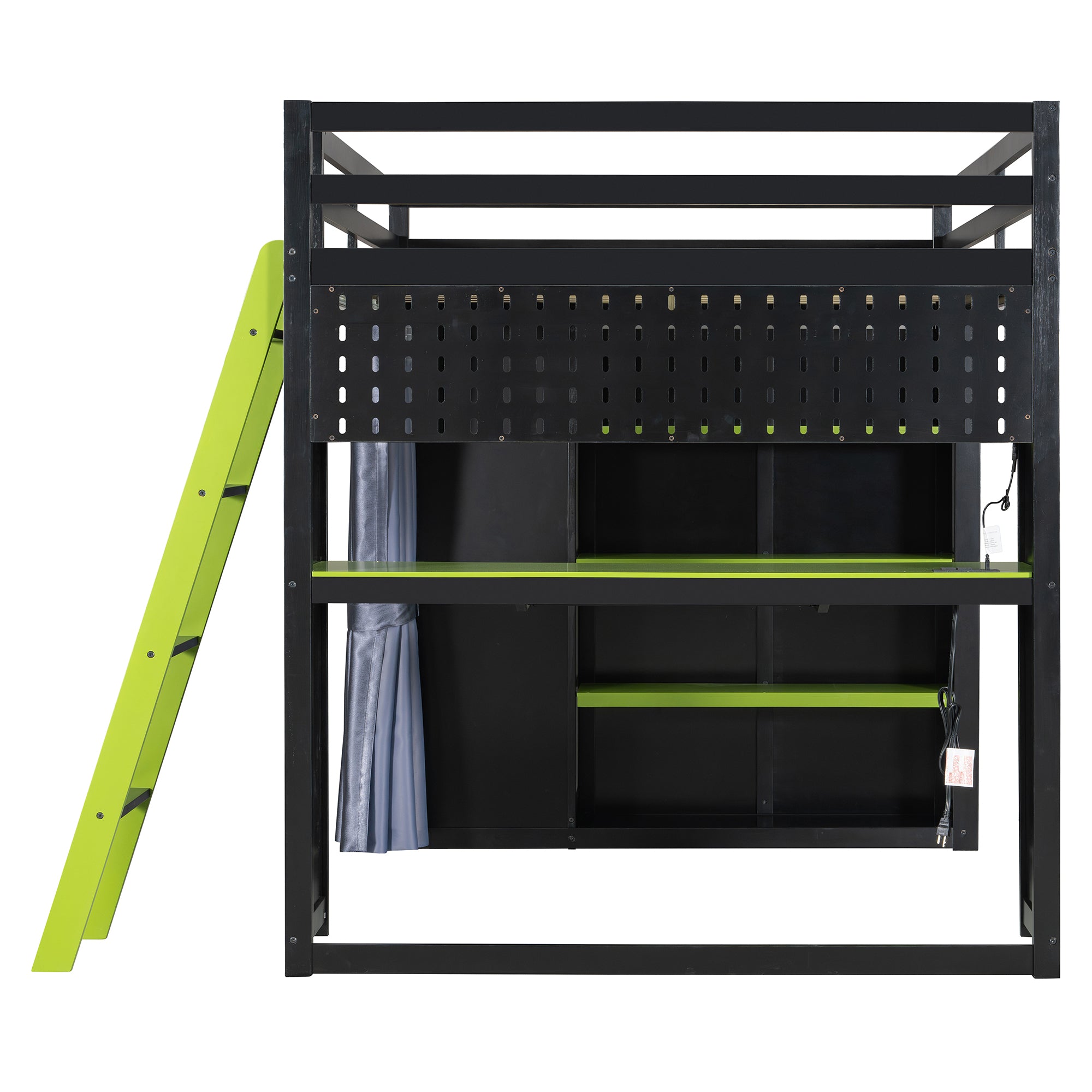 Full Size Loft Bed with Desk, USB Port, Wardrobe & Shelves, Gaming & Workstation Loft Bed with Curtains
