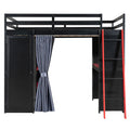 Full Size Loft Bed with Desk, USB Port, Wardrobe & Shelves, Gaming & Workstation Loft Bed with Curtains