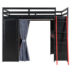 Full Size Loft Bed with Desk, USB Port, Wardrobe & Shelves, Gaming & Workstation Loft Bed with Curtains
