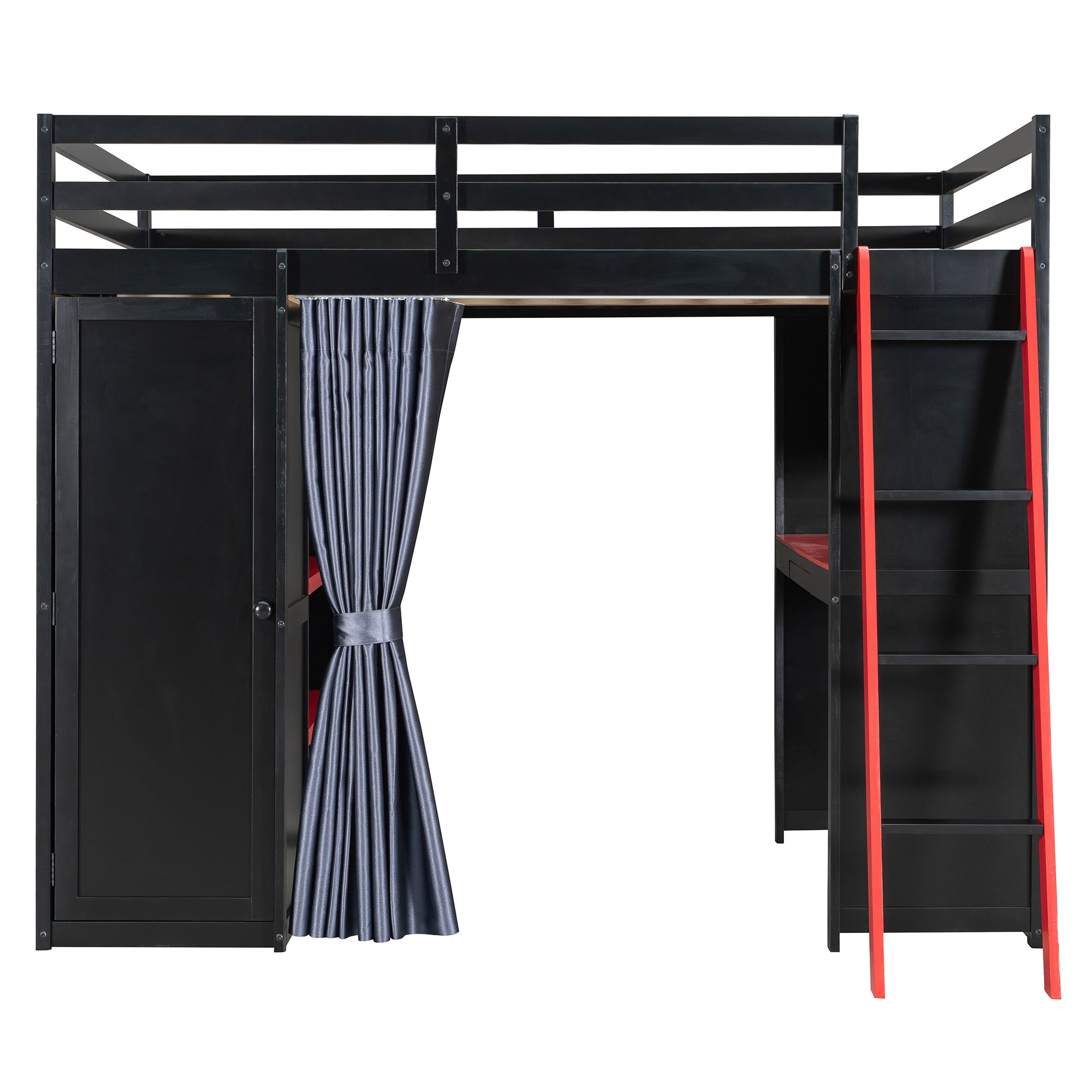 Full Size Loft Bed with Desk, USB Port, Wardrobe & Shelves, Gaming & Workstation Loft Bed with Curtains