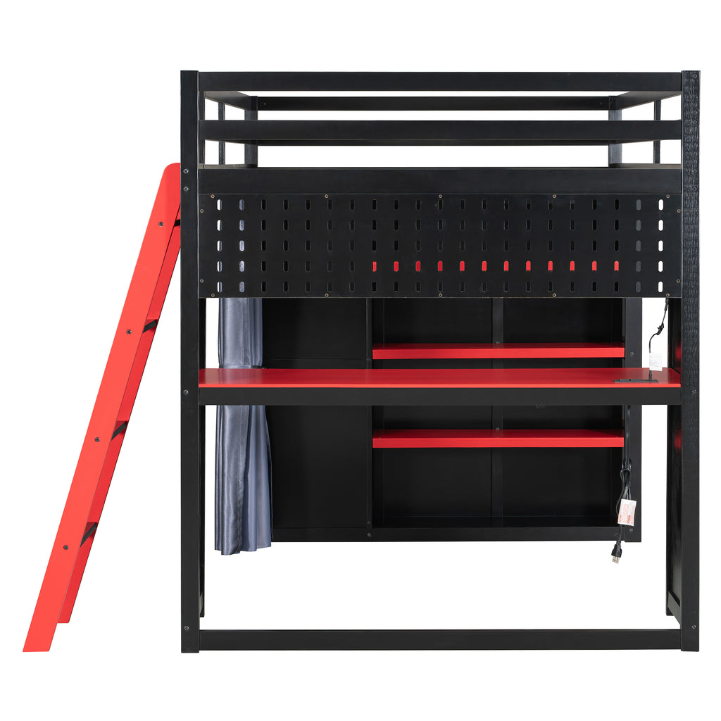 Full Size Loft Bed with Desk, USB Port, Wardrobe & Shelves, Gaming & Workstation Loft Bed with Curtains