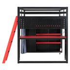 Full Size Loft Bed with Desk, USB Port, Wardrobe & Shelves, Gaming & Workstation Loft Bed with Curtains
