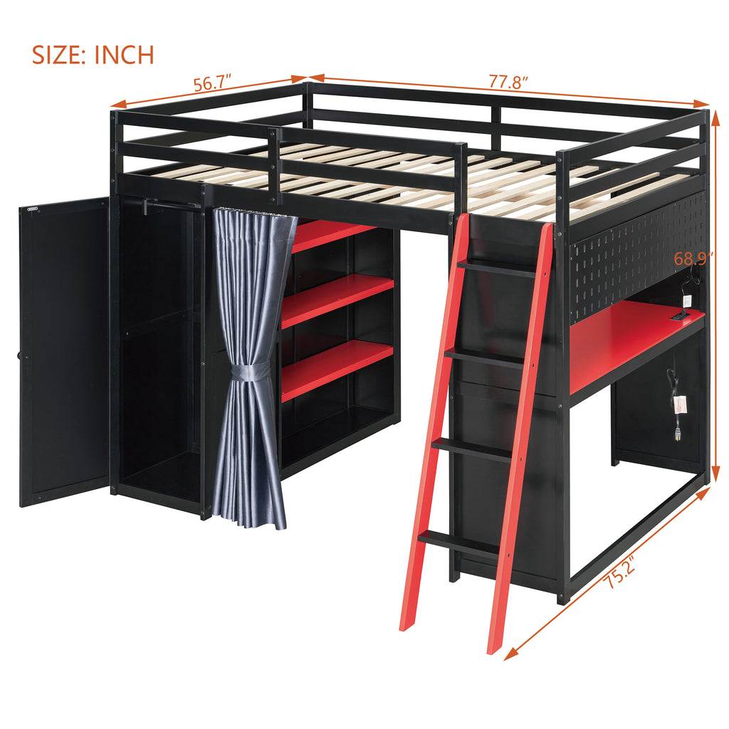 Full Size Loft Bed with Desk, USB Port, Wardrobe & Shelves, Gaming & Workstation Loft Bed with Curtains