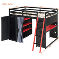 Full Size Loft Bed with Desk, USB Port, Wardrobe & Shelves, Gaming & Workstation Loft Bed with Curtains