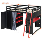 Full Size Loft Bed with Desk, USB Port, Wardrobe & Shelves, Gaming & Workstation Loft Bed with Curtains