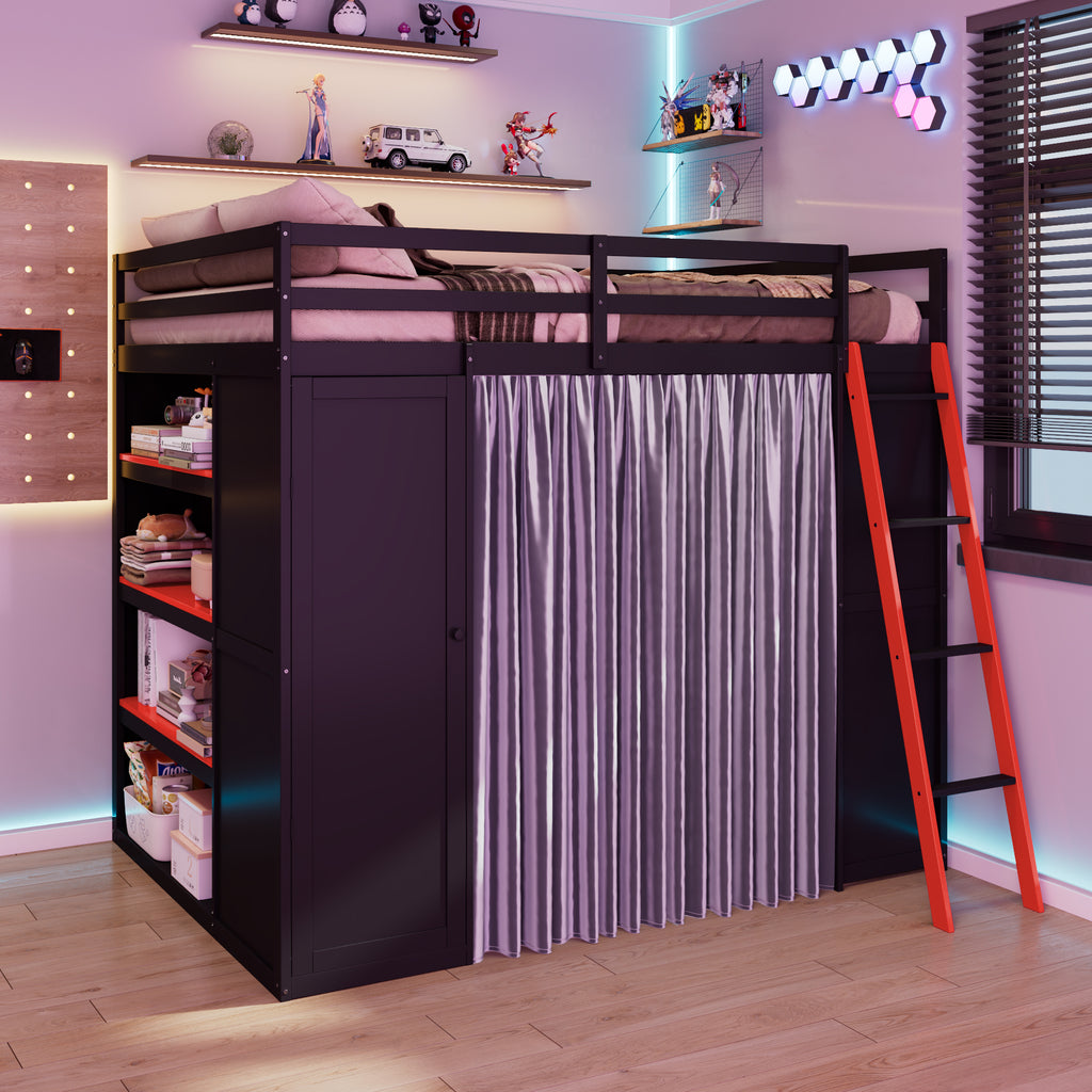 Full Size Loft Bed with Desk, USB Port, Wardrobe & Shelves, Gaming & Workstation Loft Bed with Curtains