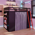Full Size Loft Bed with Desk, USB Port, Wardrobe & Shelves, Gaming & Workstation Loft Bed with Curtains