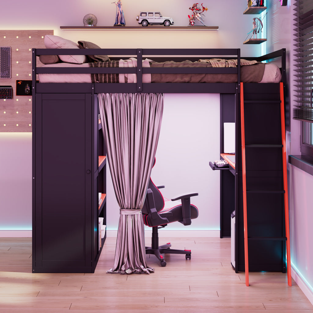 Full Size Loft Bed with Desk, USB Port, Wardrobe & Shelves, Gaming & Workstation Loft Bed with Curtains