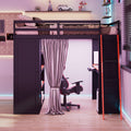 Full Size Loft Bed with Desk, USB Port, Wardrobe & Shelves, Gaming & Workstation Loft Bed with Curtains