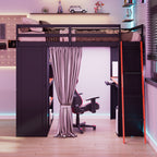 Full Size Loft Bed with Desk, USB Port, Wardrobe & Shelves, Gaming & Workstation Loft Bed with Curtains